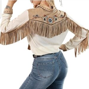 NWT John Moon Fringe Western Shirt with Floral Embroidery Womens Sz.XXL